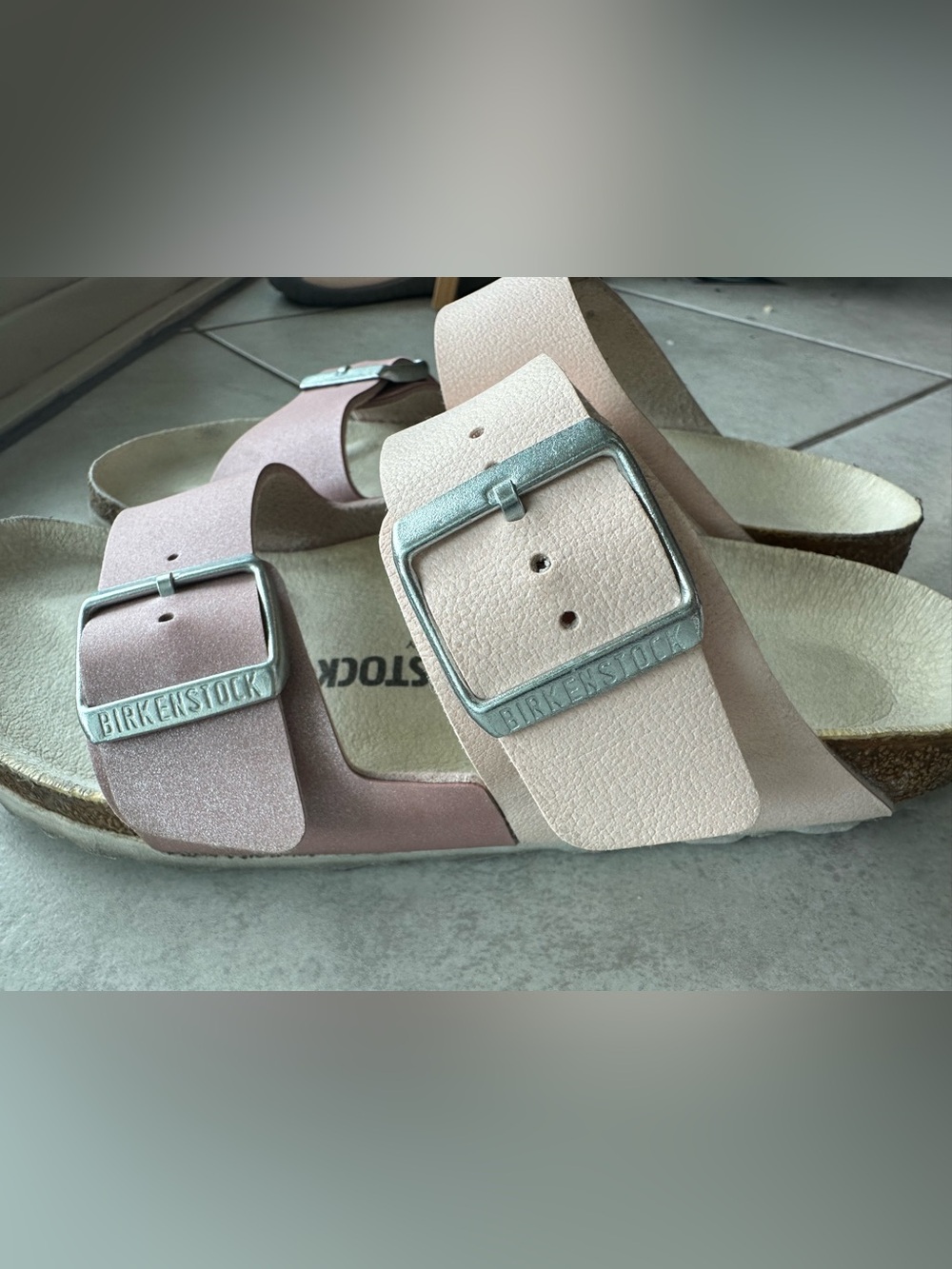 Birkenstock Two-Buckle Slide Sandal in Blush Pink and Light Cream